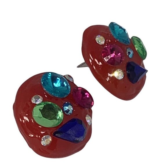 VTG Don Lin Pink Rhinestone Statement Earrings Lucite 80s Pop Art - Picture 3 of 13